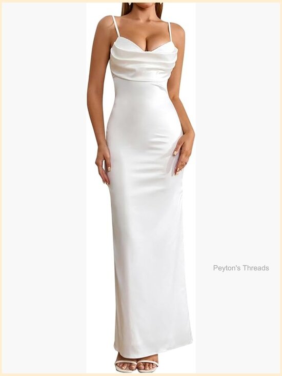 Dresses & Skirts - Satin Spaghetti Strap Maxi Dress Lace Cowl Neck Backless Bodycon Cocktail